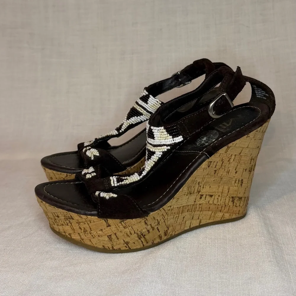 Vintage Y2K 90's MIA Suri Brown Suede Beaded Cork Wedge Platform Sandals 5M Boho